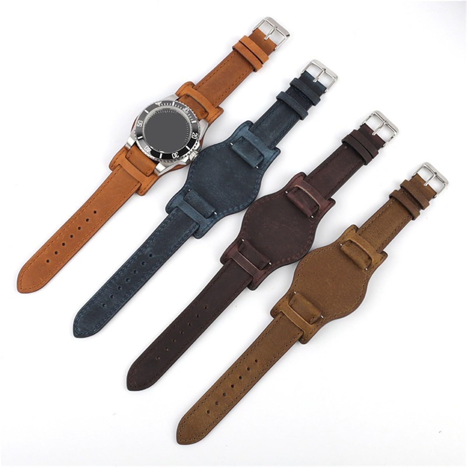 Bracelet de montre en cuir véritable 16-22 mm en cuir de vachette Crazy Horse marron avec plateau