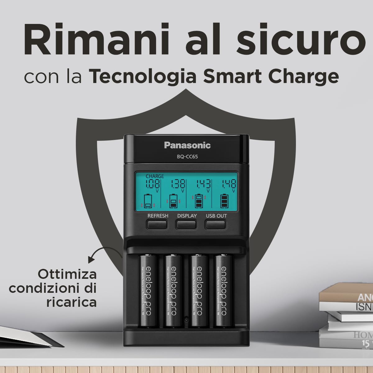 eneloop pro Caricabatterie PRO, per 1-4 batterie ricaricabili AA/AAA, 2 ore tempo di ricarica, 10 funzioni di sicurezza