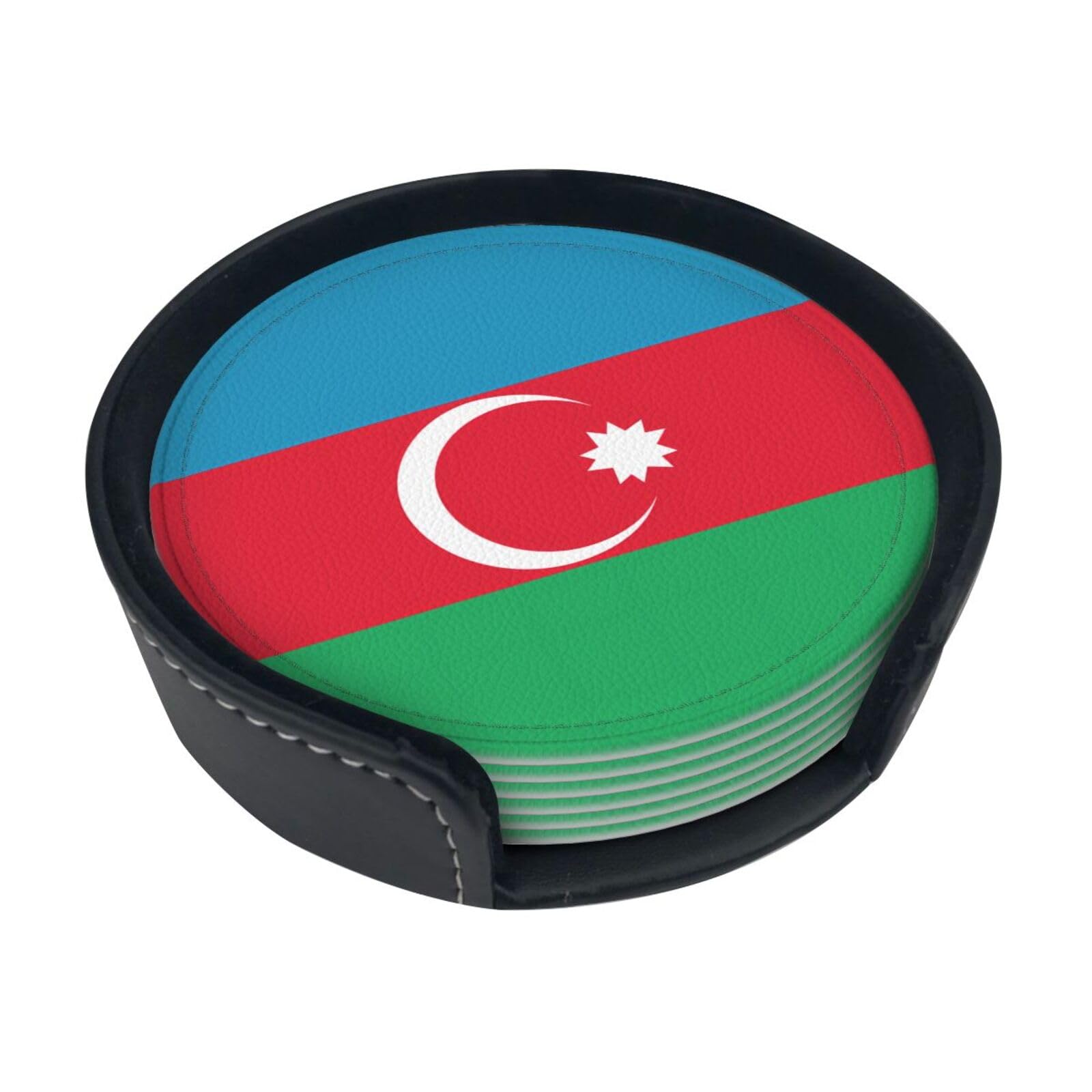 Cntdbu White Flag Of Azerbaijan Leather Coasters Set Of 6-Pu Leather Drink Mats For Table, Heat Resistant Round Coasters With Holder