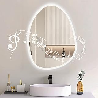 Badspiegel mit Beleuchtung 50x68cm Badspiegel mit Bluetooth—Touch-Schalter, 3 Lichtfarbe, Dimmbar, Beschlagfrei, Speicherfunktion Spiegel mit Beleuchtung Rund Asymmetrischer Spiegel