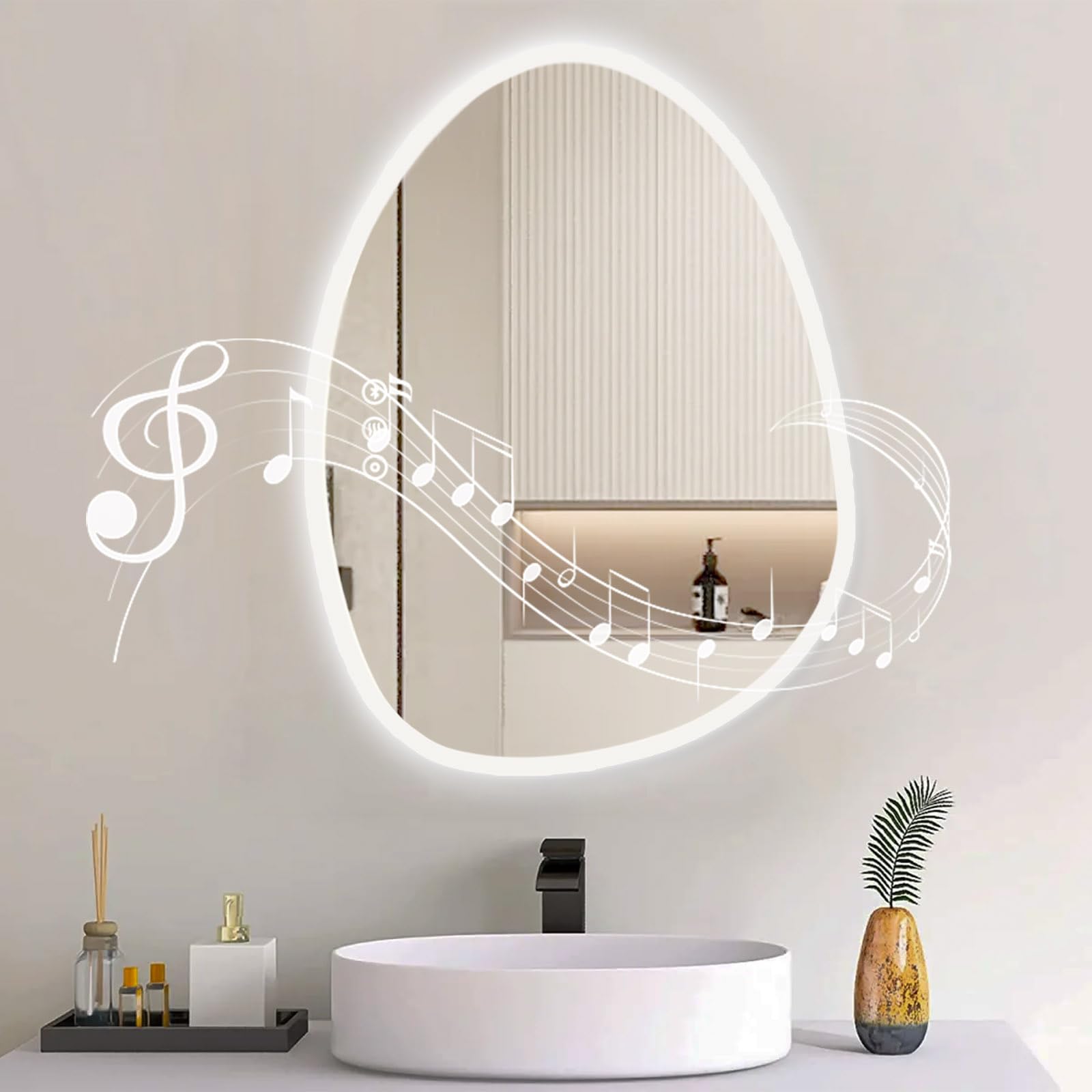 Espejo de baño con iluminación, 50 x 68 cm, espejo de baño con Bluetooth, interruptor táctil, 3 colores de luz, regulable, sin vaho, función de memoria, espejo con iluminación, espejo redondo
