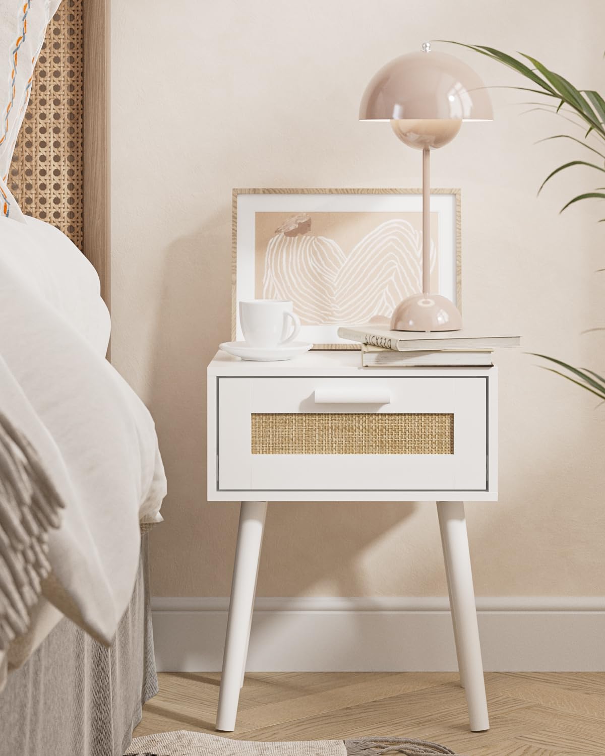 HEYZOEY Mesitas de noche, mesitas de noche de ratán con patas de madera maciza, mesitas de noche modernas con cajón de tejido de ratán, mesita de noche para dormitorio, sala de estar (blanco)