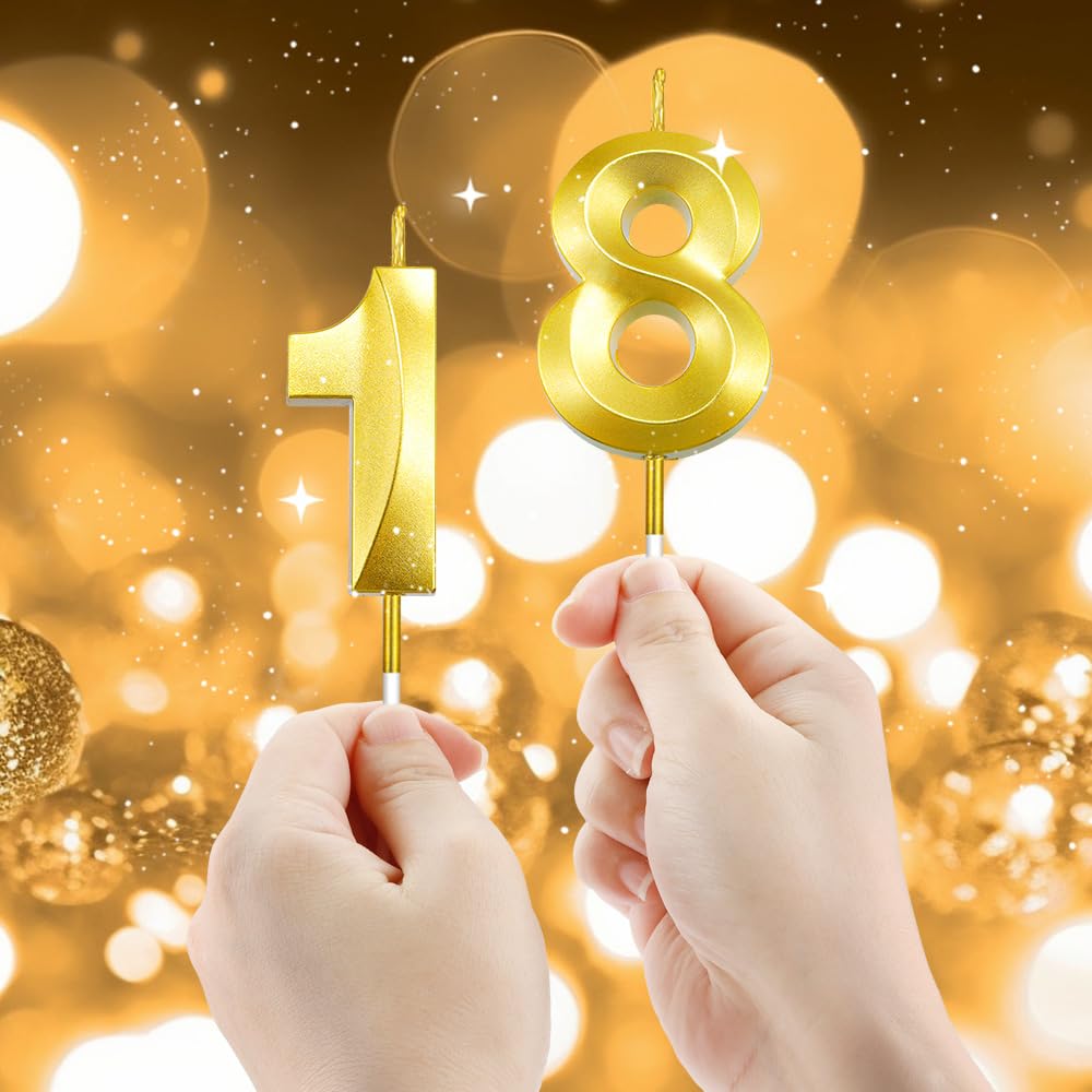 Velas de cumpleaños 18 para pastel, velas de cumpleaños doradas, velas número 18, velas de cumpleaños con números, vela de pastel de feliz cumpleaños para decoraciones de aniversario de 18, 8, primer