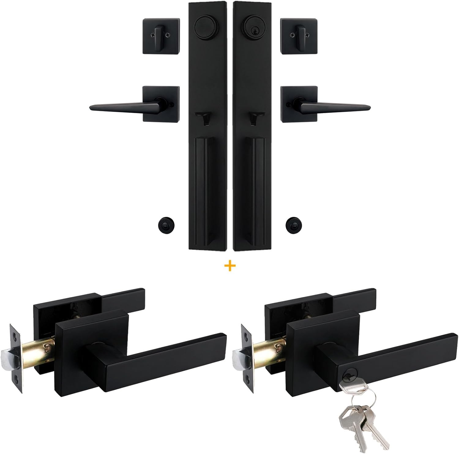 NEWBANG (Keyed and Dummy Double Door Handle Set + (1 Pack) Entry Door Lever + (1 Pack) Passage Door Lever in Matte Black Finish