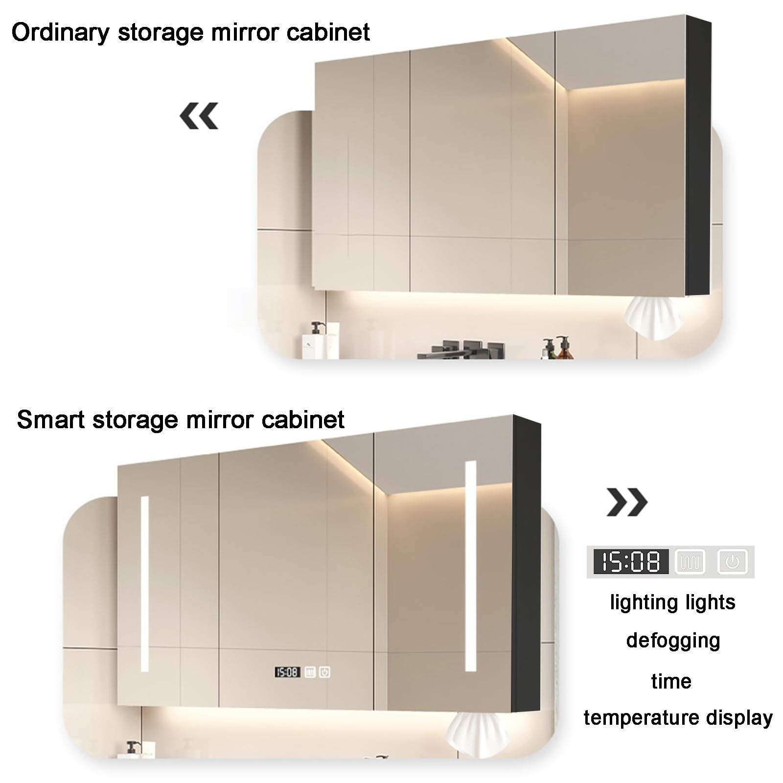 Specchio Espejo de baño con LED y espacio de almacenamiento, espejo de tocador de pared de 2 puertas, empotrado y de superficie, con regulador de intensidad y desempañador, interruptor táctil, di