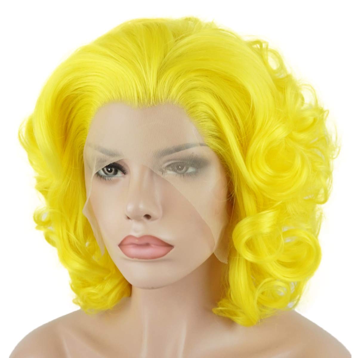 Lushy Wavy Short Golden Wig Heat Friendly Heavy Density Half Hand Tied Synthetic Lace Front Wig