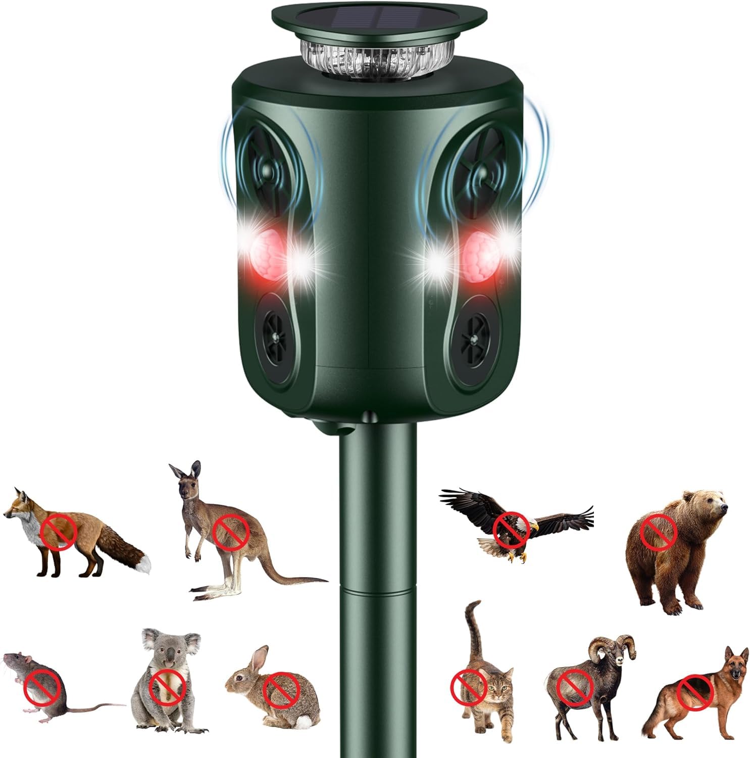 Katzenschreck Ultraschall Solar Tiervertreiber, 360° Marderschreck mit LED-Licht Katzenabwehr Marderabwehr Garten IP66 Wasserdicht 5 Modus Waschbär Abwehr für Katzen Hunde Marder Mäuse Vögel