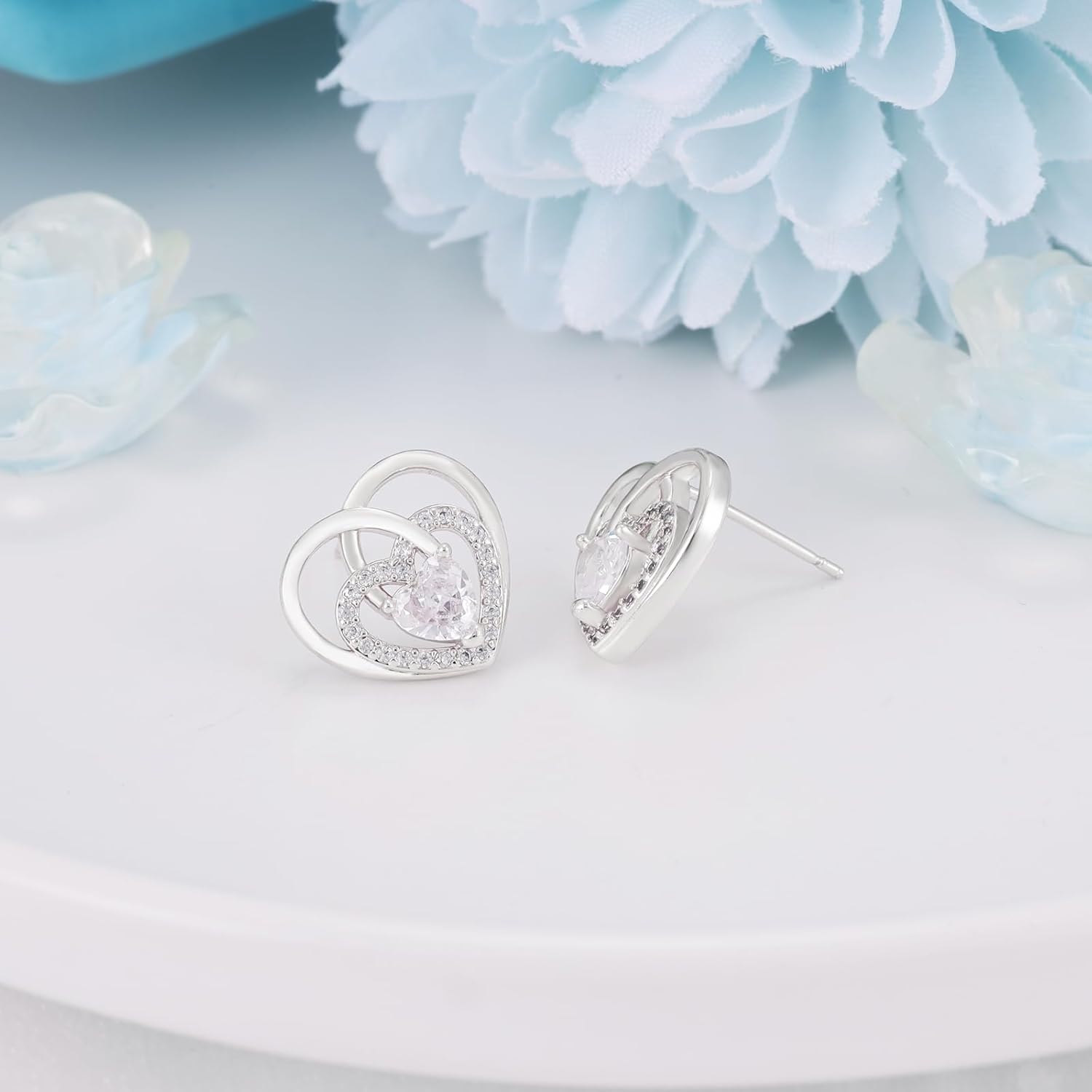 Heart Stud Earrings for Women - Sterling Silver Double Love Heart-Shaped Earrings Hypoallergenic Cubic Zirconia Hollow Post Earring Dainty Sparkle Jewelry Gifts for Her Wife Mom - Image 5