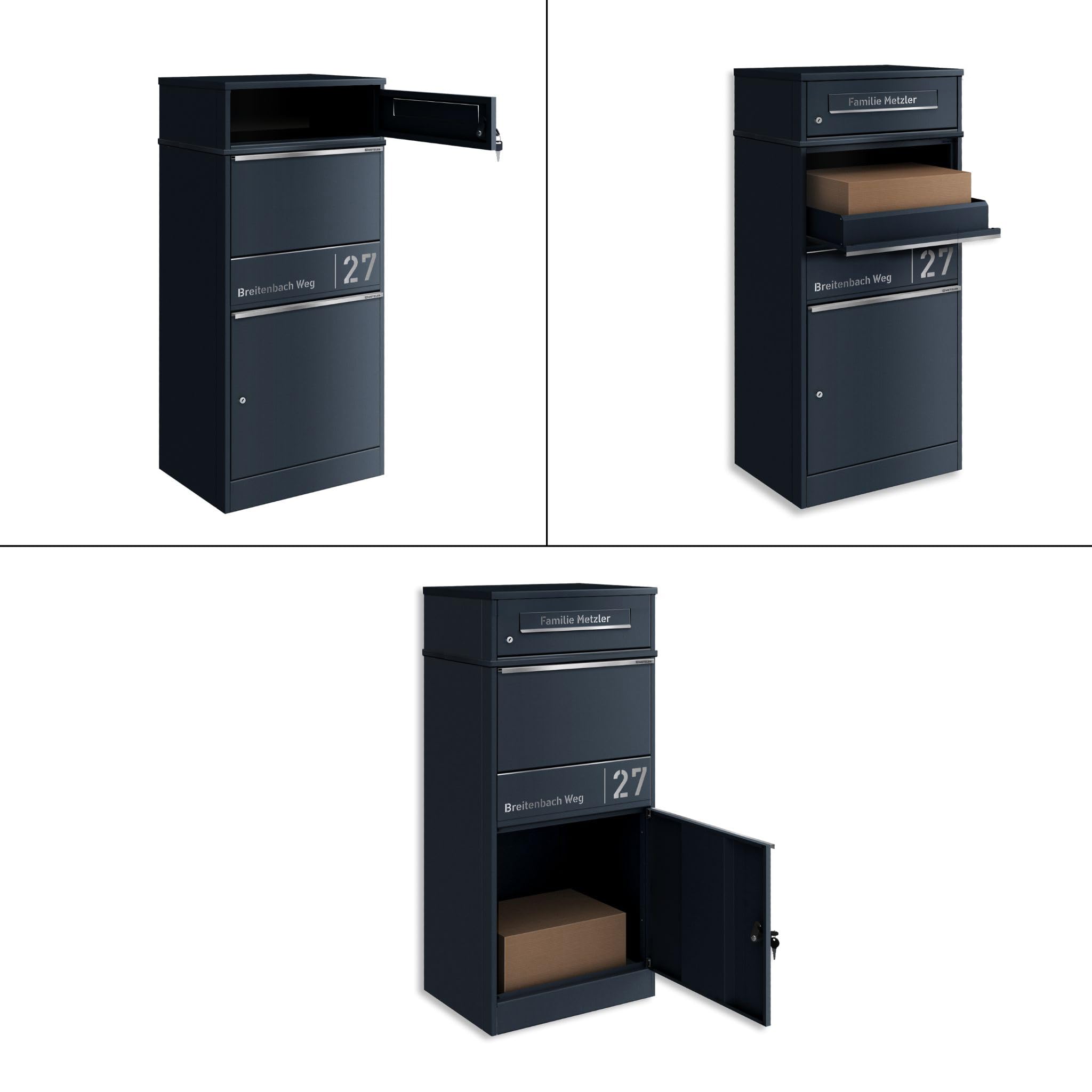 Metzler Paketbox draussen groß in Anthrazit - Briefkasten mit Paketfach personalisiert mit Gravur - Standbriefkasten mit Edelstahl Namensschild pulverbeschichtet in RAL 7016 rostfrei und massiv