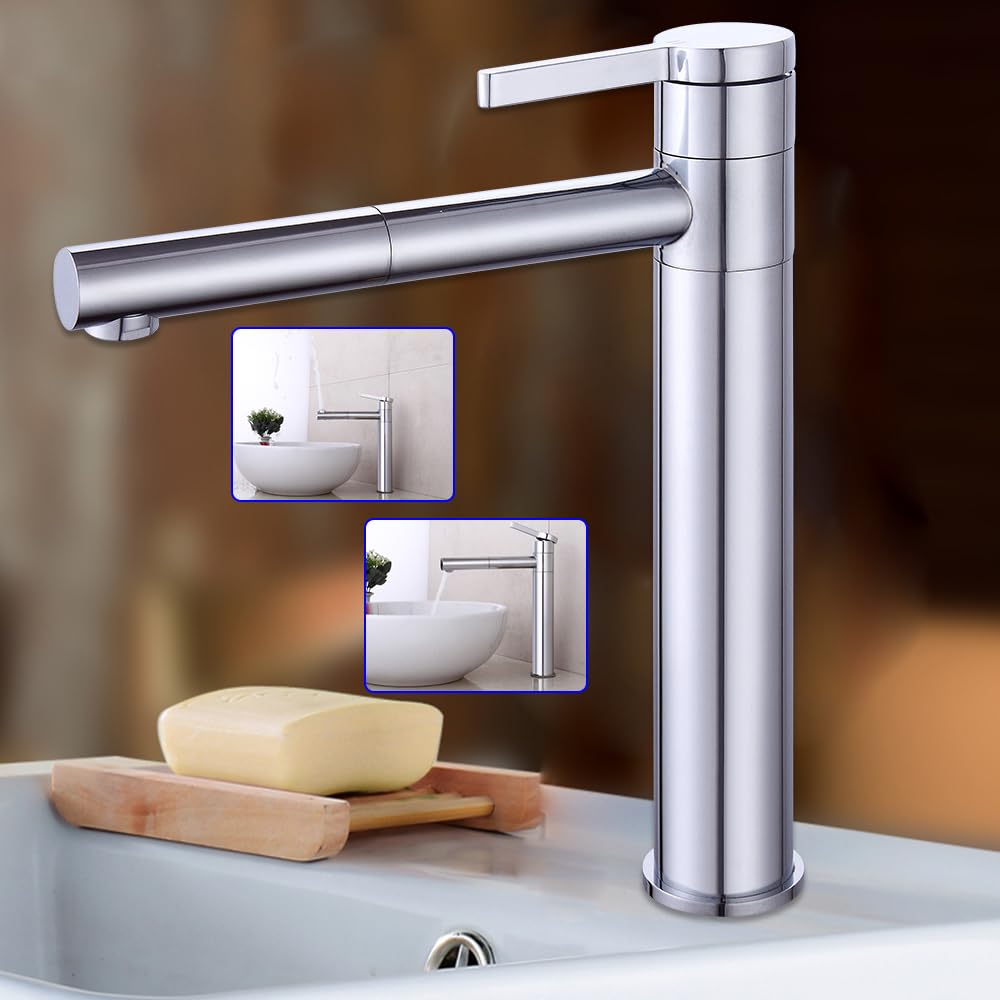 Rubinetto da bagno con rubinetto girevole a 360° e beccuccio, per bagno con beccuccio, altezza 22,5 cm, in ottone, per lavandino, acqua fredda e calda, per ospiti, WC, bagno
