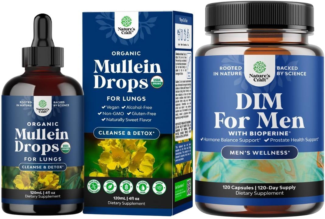 - Bundle of USDA Organic Mullein Drops for Lungs - Mullein Leaf Tincture Drops for Breathing Support and DIM Supplement for Men - DIM Estrogen Blocker for Men for Hormone Balance & Prostate Health