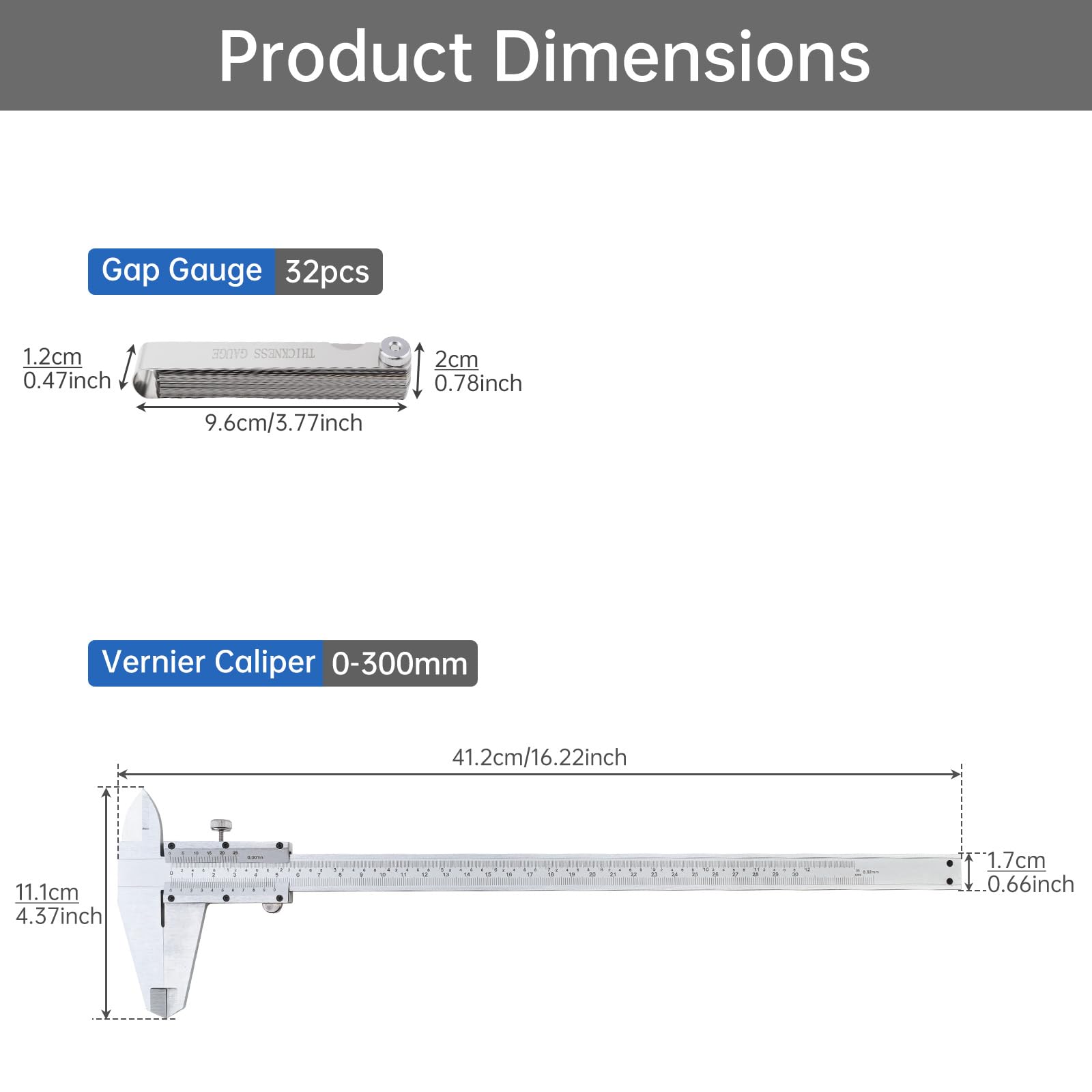 Pied à coulisse en acier au carbone de 0 à 300 mm avec 32 jauges d'épaisseur en acier inoxydable, kit d'outils de mesure double échelle de lecture pour le travail du bois/piston