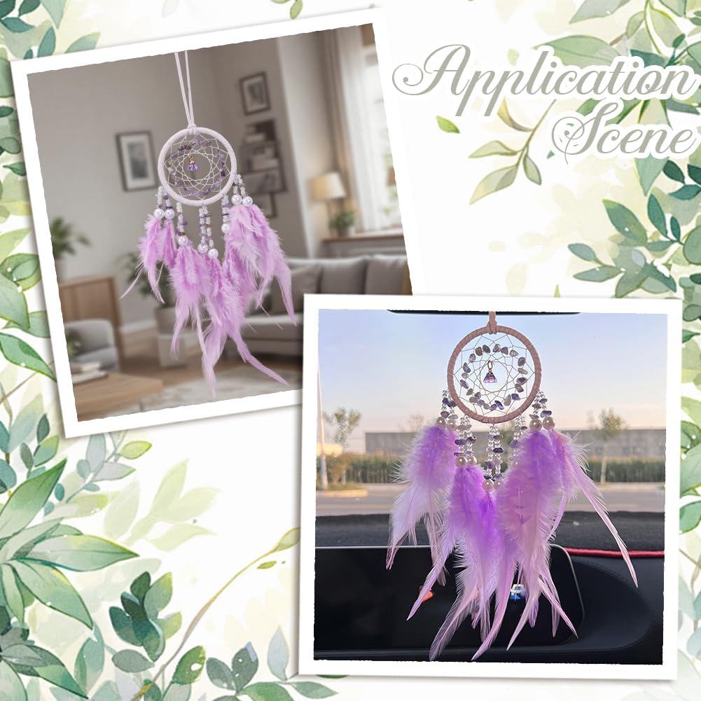 CREATCABIN Purple Dream Catchers Car Dreamcatchers with Iron Ring Violet Aesthetic Feathers Natural Gemstone Vintage Woven Net Hanging Dangle Charms Ornaments for Car Home Window Interior DIY Decor