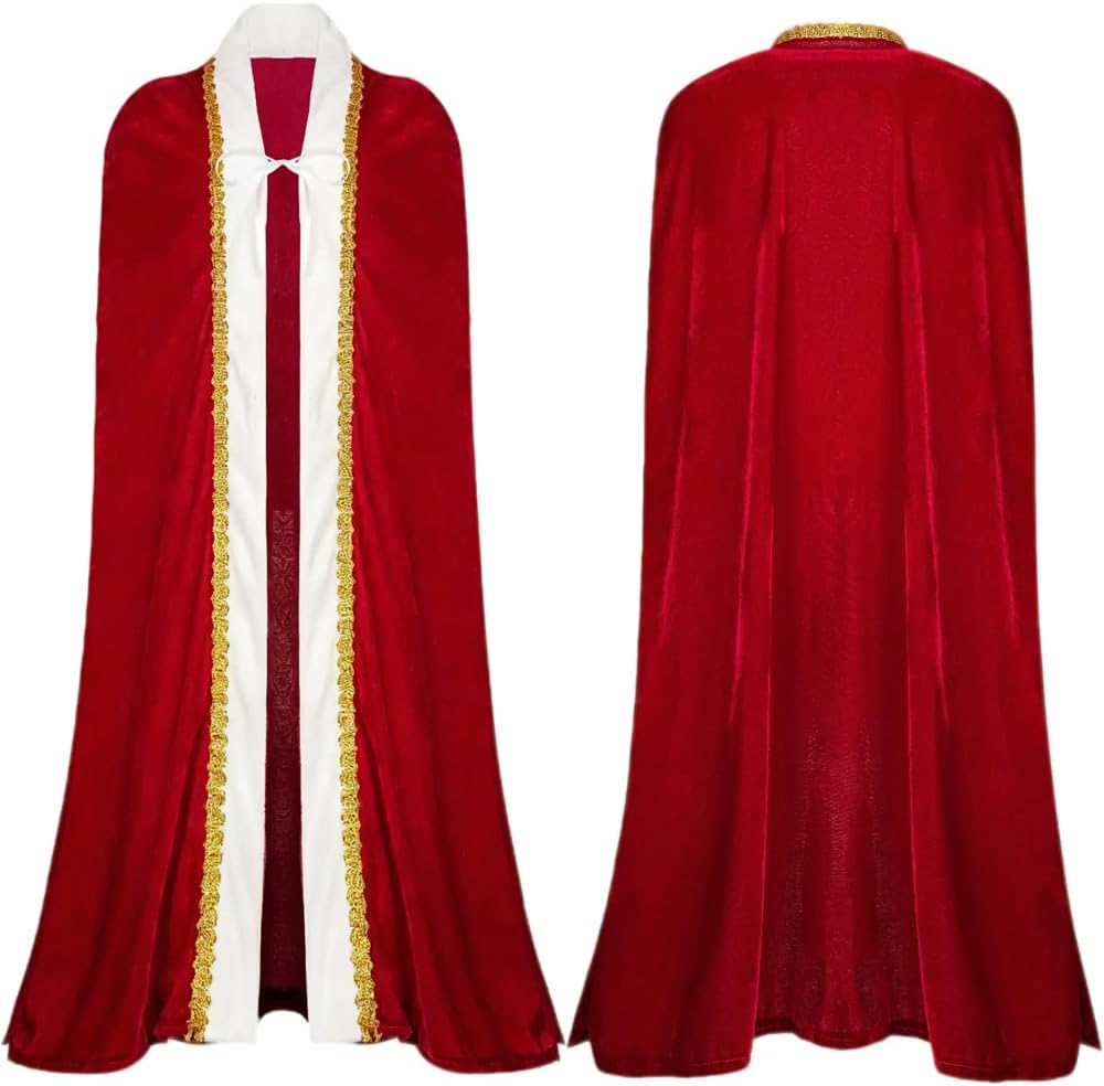Women‘s Red Velvet Queen Cape Set – Medieval Renaissance Costume with Crown, Necklace & Gloves for Halloween Party