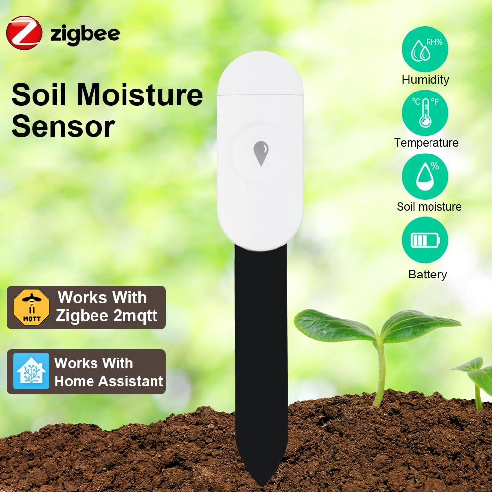Haozee Sensor de Humedad del Suelo Inteligente, Paquete de 3, Se Requiere Concentrador Zigbee | Sensor capacitivo, medidor de humedad/temperatura para plantar jardín, compatible con Home Assistant Zigbee2mqtt