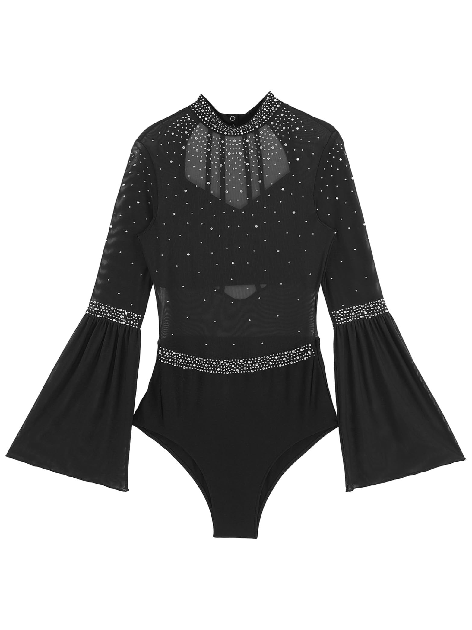 Ballett Body Damen Glitzer Trompetenärmel Turnanzug Mesh Patchwrok Tanzbody Stehkragen Turntrikot Cut Out Leotard Tanzanzug