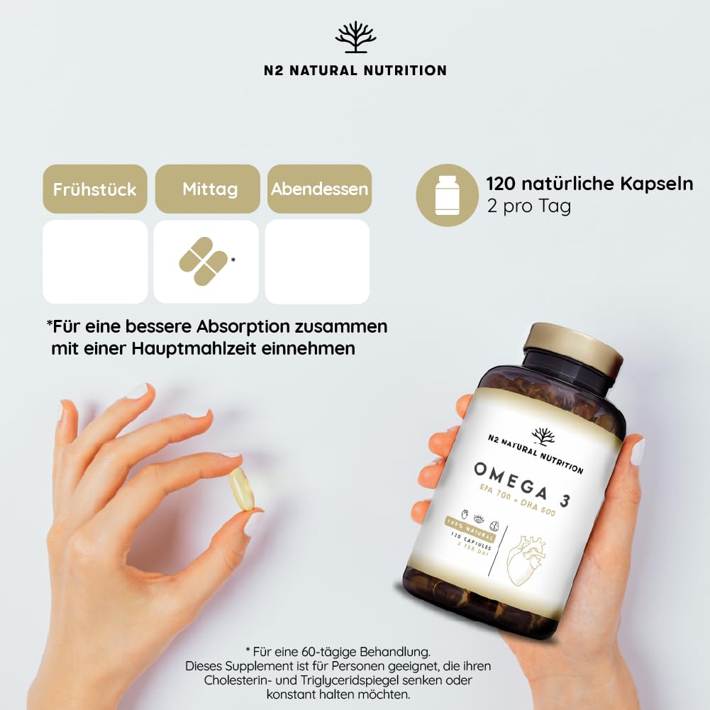 Omega 3 Kapseln Hochdosiert mit 2000 mg Fischöl mit 700mg EPA und 500 mg DHA, Fischöl mit Vitamin E und den Omega 3 Fettsäuren. 120 Softgel-Kapsel reines Seefischöl N2 Natural Nutrition