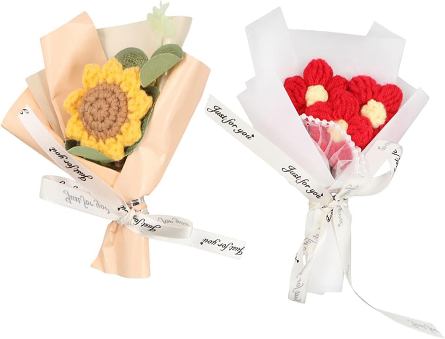 GUDEKIKL 2Pcs Knitted Mini Flower Bouquet, Cute Crochet Woven Small Bouquet, Artificial Handmade Knitting Handheld Bouquet