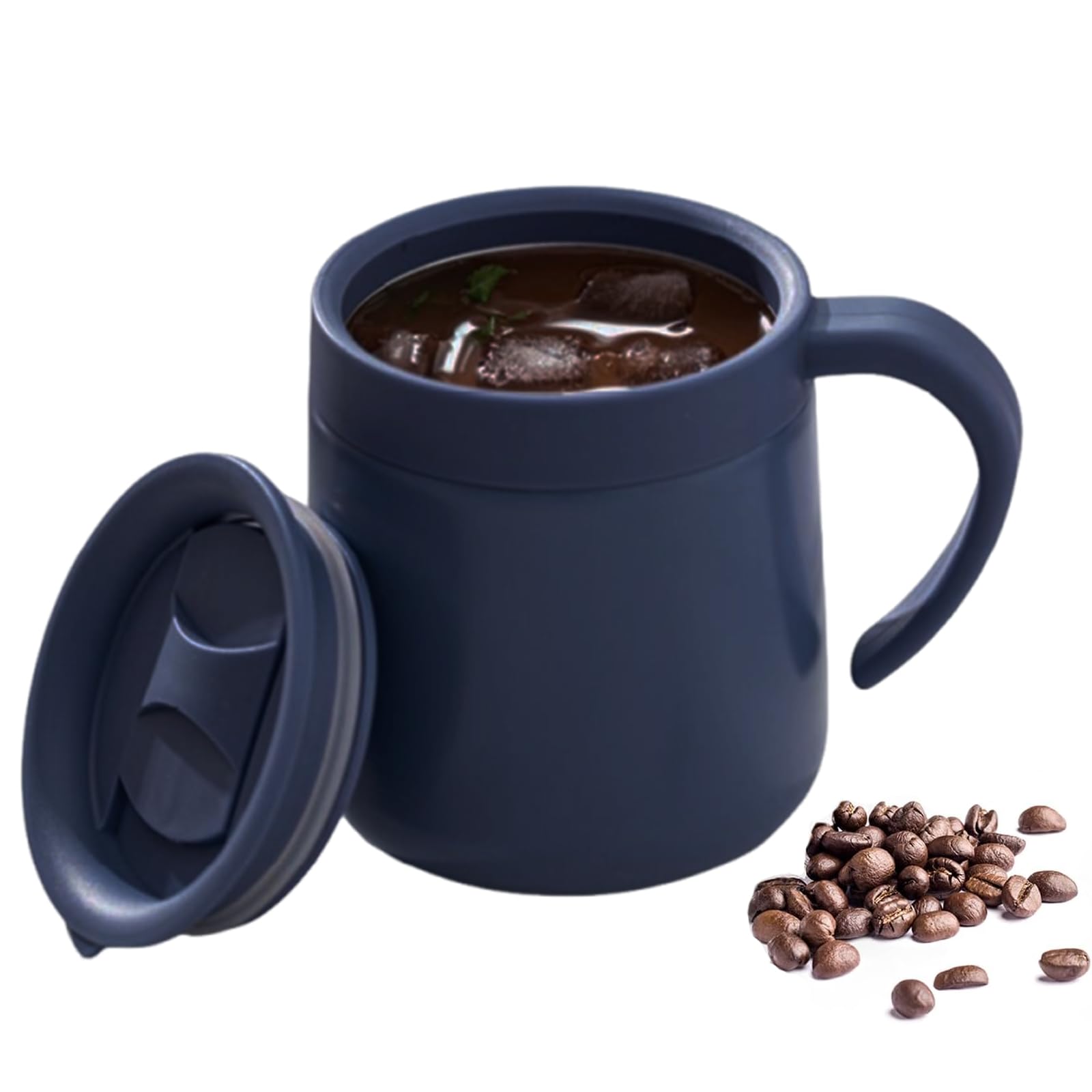 YiZhou Insulated Coffee Mug with Lid, 300ml Double Wall Stainless Steel Thermal Travel Mug, Leak-Proof for Hot & Cold Drinks, Portable Reusable Coffee Cup with Non-Slip Handle (Navy Blue)