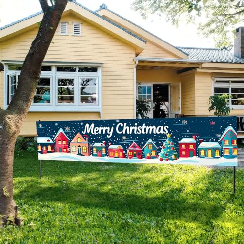 Image of Christmas Village Banner 78.7 x 17.7 Inch Snowy Town Scene with Colorful Houses and Tree Design Holiday Decoration for Yard Garden Fence Porch Patio Wall or Outdoor Display Perfect for Winter Celebration Decor