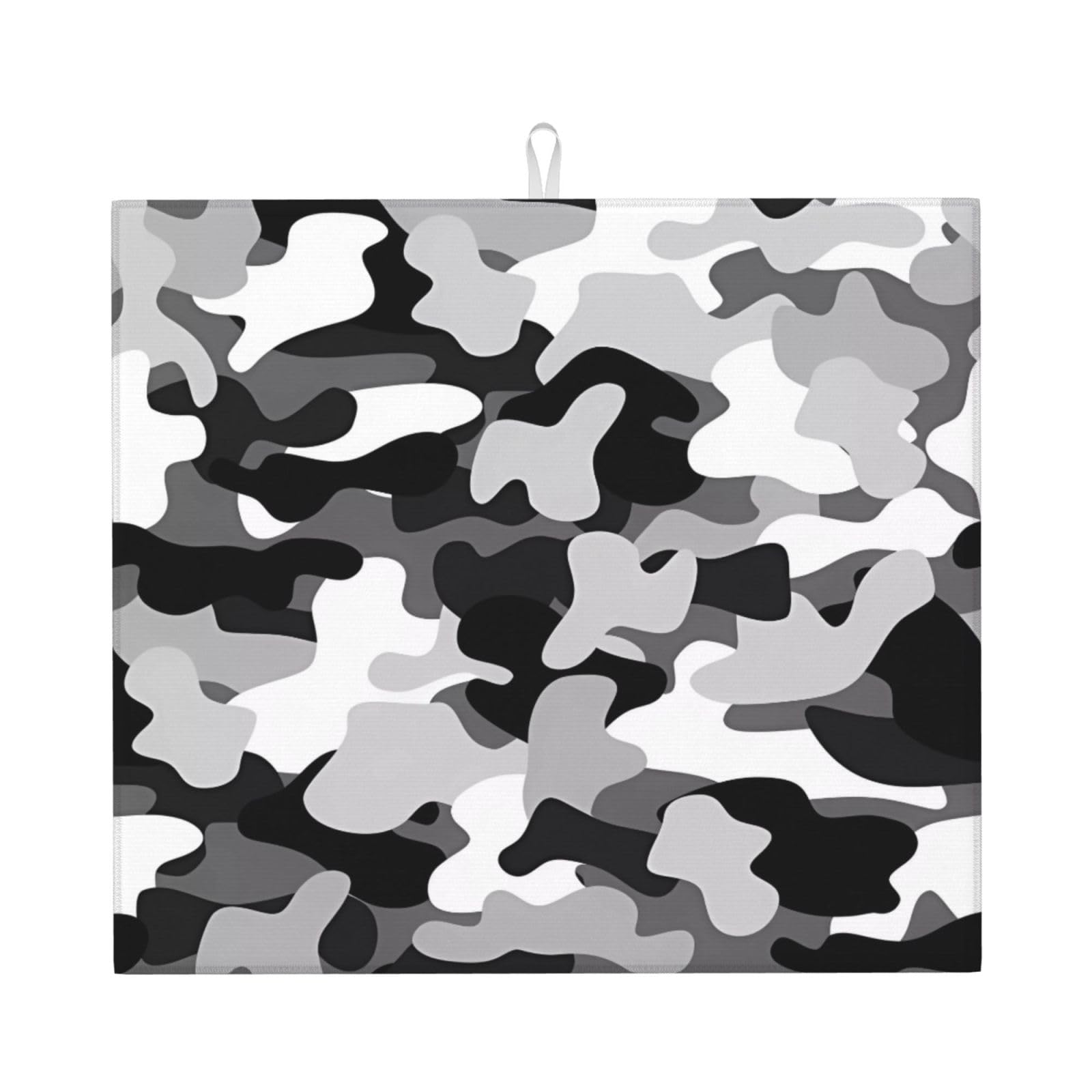 WHJSSF Black Grey White Camo Prints Kitchen Drying Mat – Absorbent Dish Throw for Countertops, Quick-Dry Non-Slip Layer with Stylish Prints, Ideal Housewarming Gift