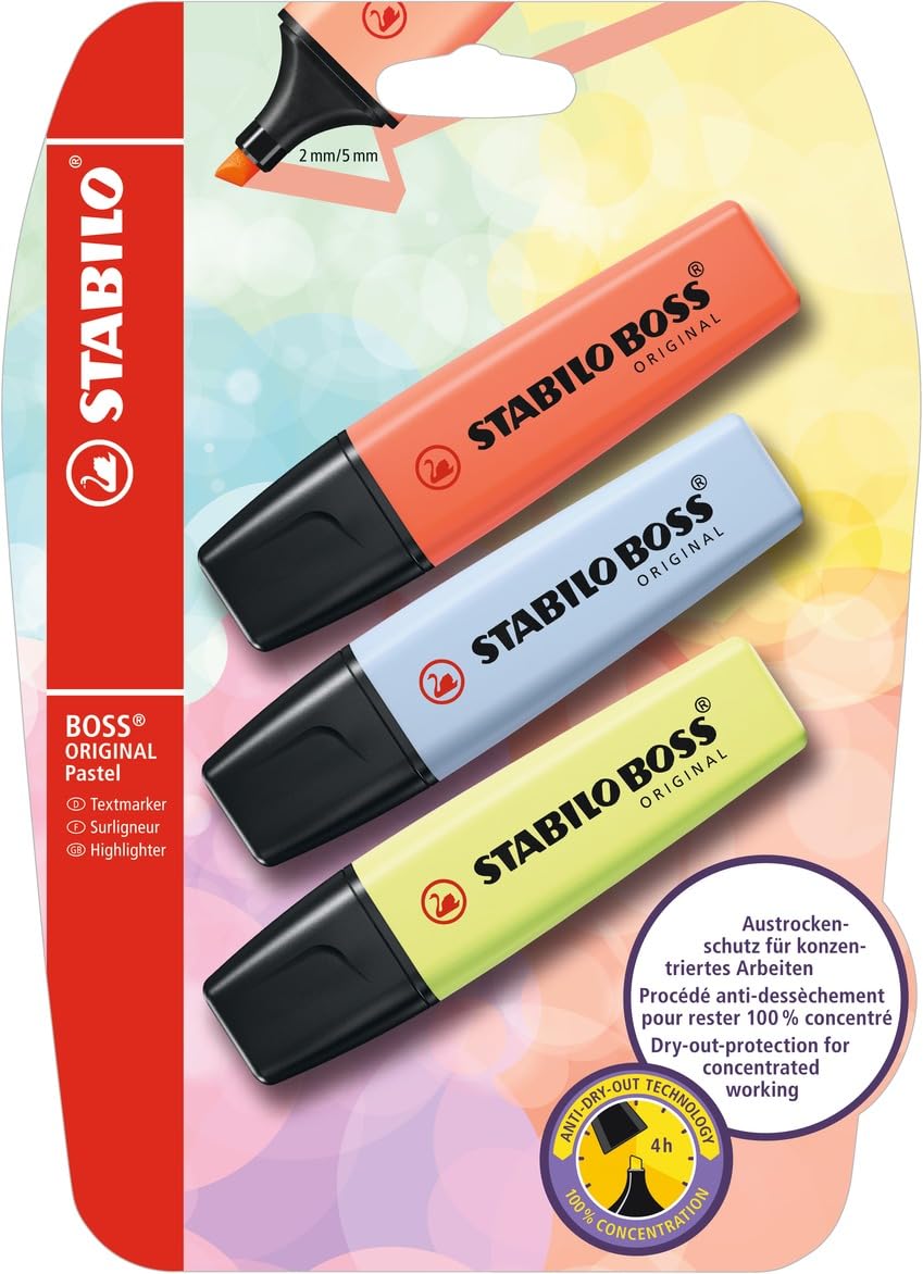 STABILO BOSS ORIGINAL Pastel - Highlighter - Pack of 3 - Mellow Coral Red, Cloudy Blue, Dash of Lime