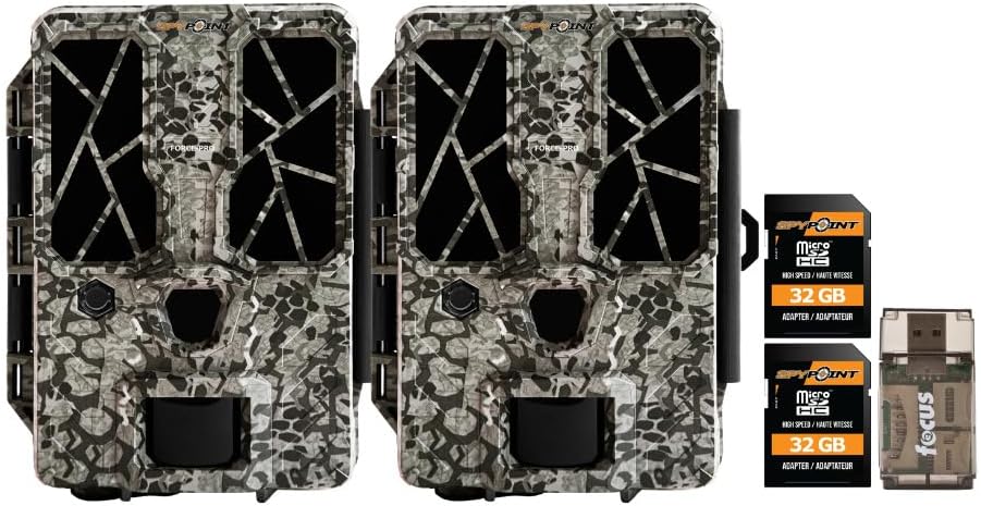 Two SPYPOINT FORCE-PRO trail cameras, two 32GB MicroSD cards, and a USB card reader.