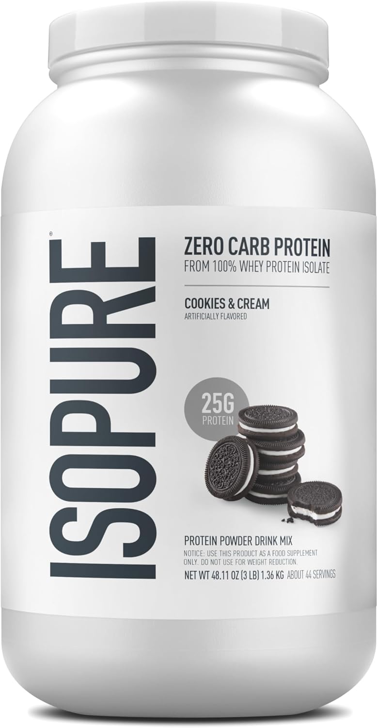 Isopure Zero Carb 100% Pure Whey Isolate Protein Powder, Lactose Free, Gluten Free, With Vitamins, Cookies & Cream, 25g Protein Per Serving, 3 Pounds, 44 Servings (Packaging May Vary)