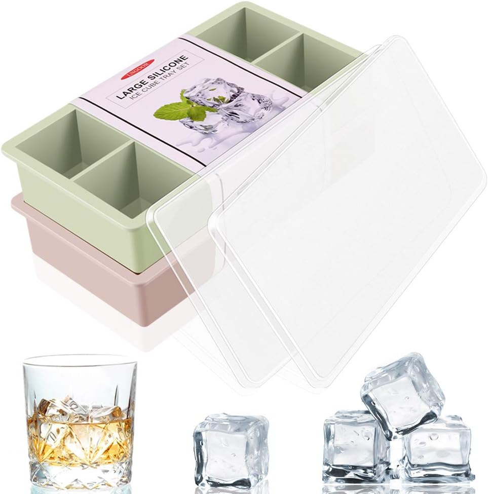 LNGOOR Large Ice Cube Trays 2 Pack, Easy-Release Silicone and Flexible 8-Ice Trays with Spill-Resistant Removable Lids, BPA Free, Stackable Durable and Dishwasher Safe