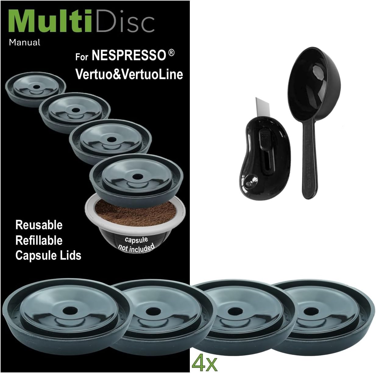 Nespresso Pods Vertuo: Refillable and Reusable Nespresso Pods, Compatible with Nespresso Vertuoline & Vertuo. 4 Coffee Capsule Lids with Scoop and Cutter for All Capsule Sizes from MyCoffeestar