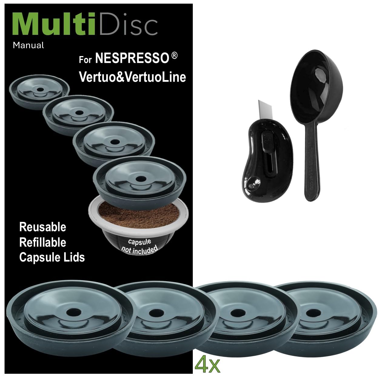 4 REUSABLE VERTUO COFFEE CAPSULE DISCS: Endless refillable reusable for VERTUO VERTUOLINE VERTUO NEXT capsules pods, lids, 4 DISC SET incl. Cutter & Scoop for SIZE 1.35/2.70/5.07/7.77/14.00 FL OZ