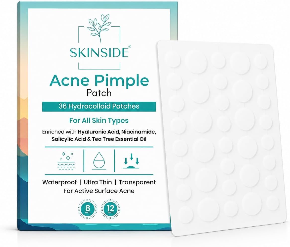 Skinside Acne Pimple Patches with 1.5% Salicylic Acid for Face Pimples | Hydrocolloid Facial Patches for Pimple Healing | Invisible Waterproof Absorbs Excess Oil & Pimple Overnight (36 Patches)