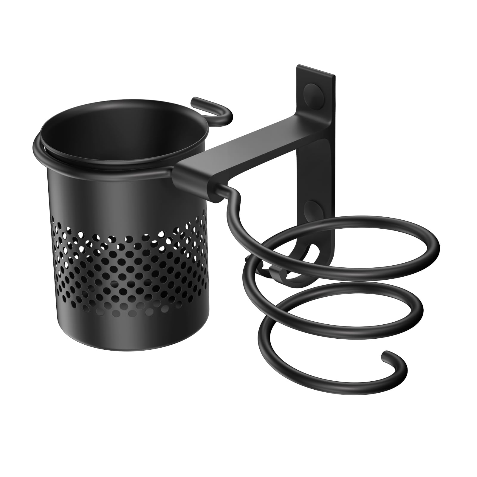 Support Mural Sèche-Cheveux Et Lisseur 3-en-1 - Organisateur Salle De Bain En Aluminium Noir Mat, Crochet + Panier, Sans Perçage Ou Vis