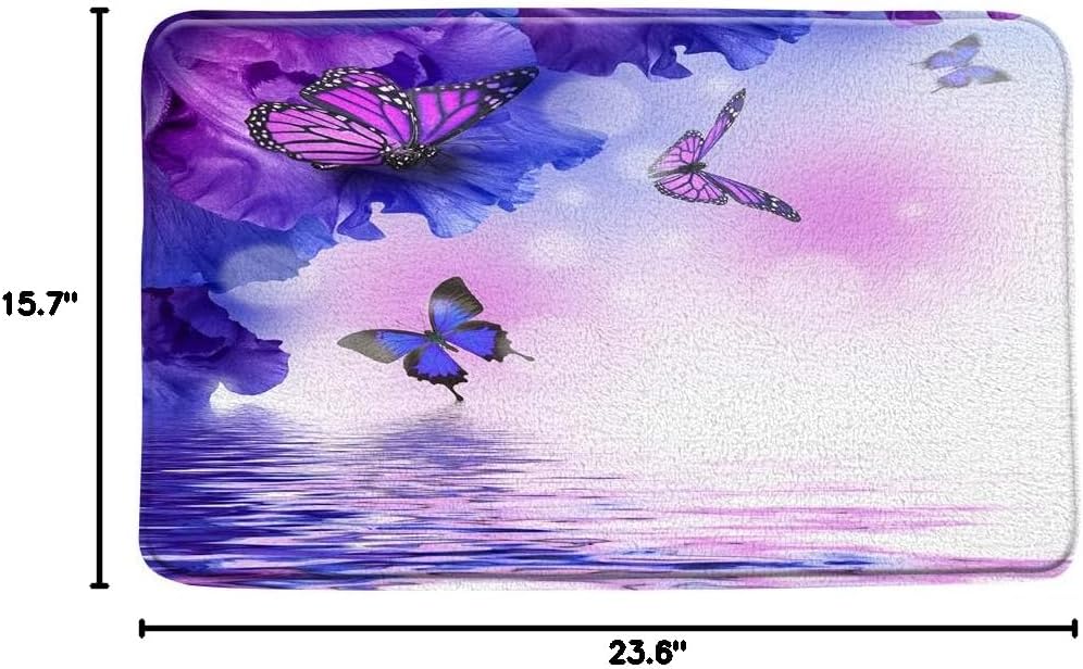 Flower Butterfly Bath Mat Insect Animal Wings Floral Dream Fantasy Water Purple White Blue Bathroom Decor Mat Set Soft Memory Foam,16x24 Inch and 16x48 Inch