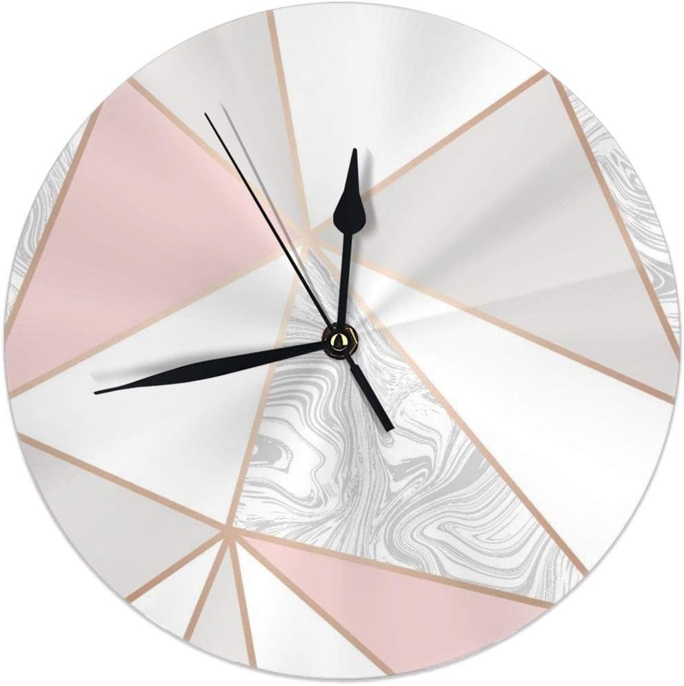 NiceGift Marble Metallic Wallpaper Soft Pink Rose Gold Round Wall Clock For Living Room Bathroom Home Decorative - Diameter 9.84 Inch