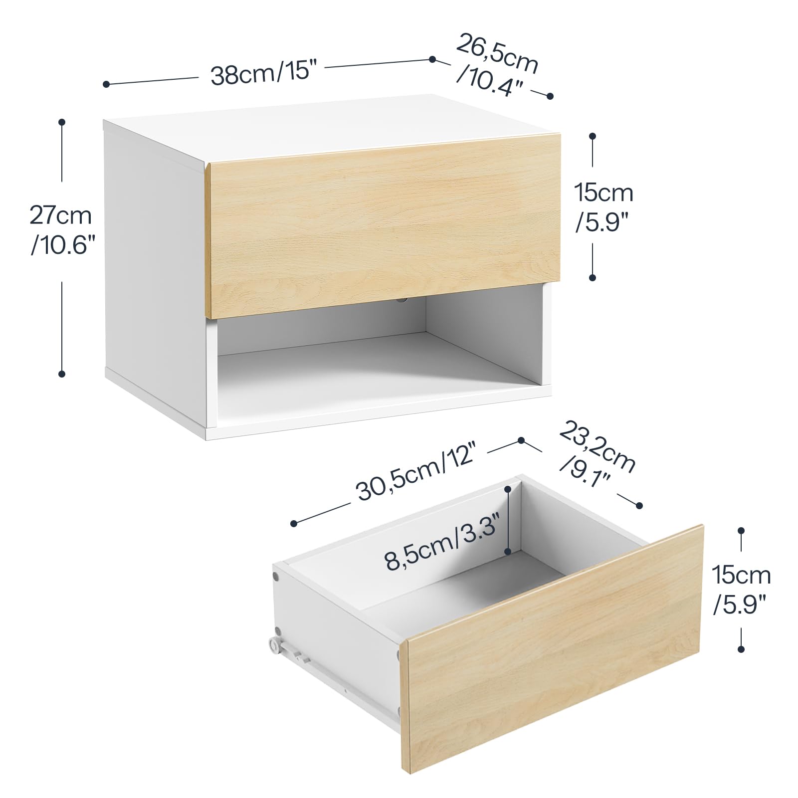 HOOBRO Mesita de Noche Flotante con Tira LED RGB, Mesa Auxiliar de Pared con 1 Cajón y 1 Compartimento, Mesa de Sofá, para Dormitorio, Sala de Estar, Blanco y Natural EWN202DBZ01