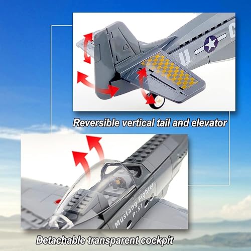 Miniatura 4 de Gonli P-51 Mustang Fighter Jets Juego de bloques de construcción de 258 piezas Bomber Avión Juguetes de Construcción WW2 Avión Regalos para Adultos