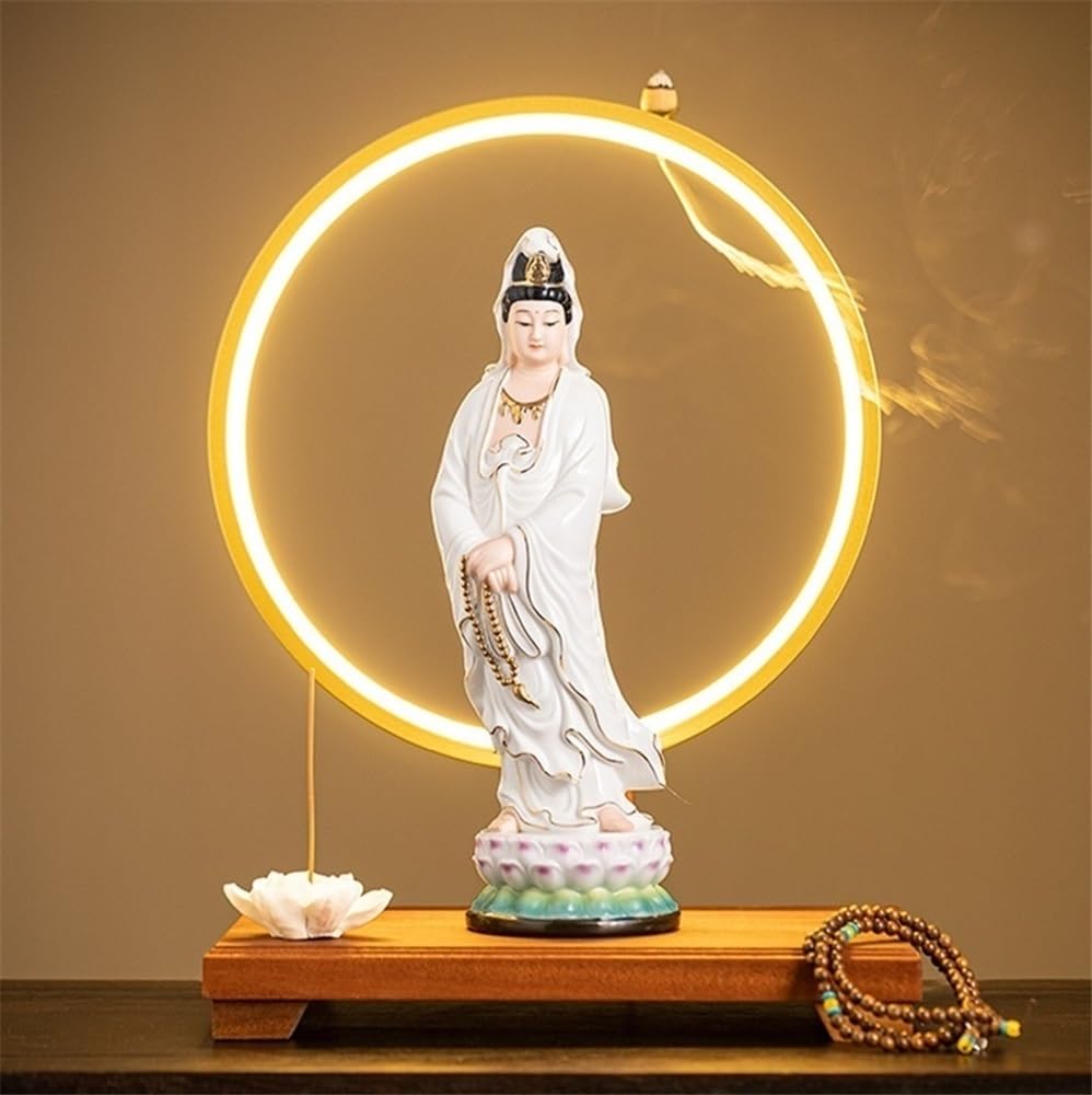 Figuras de Budas Estatua de Buda de cerámica Blanca, Adorno for Oficina, Sala de Estar, decoración Zen Feng Shui con Base y Anillo de luz Budas Decorativos