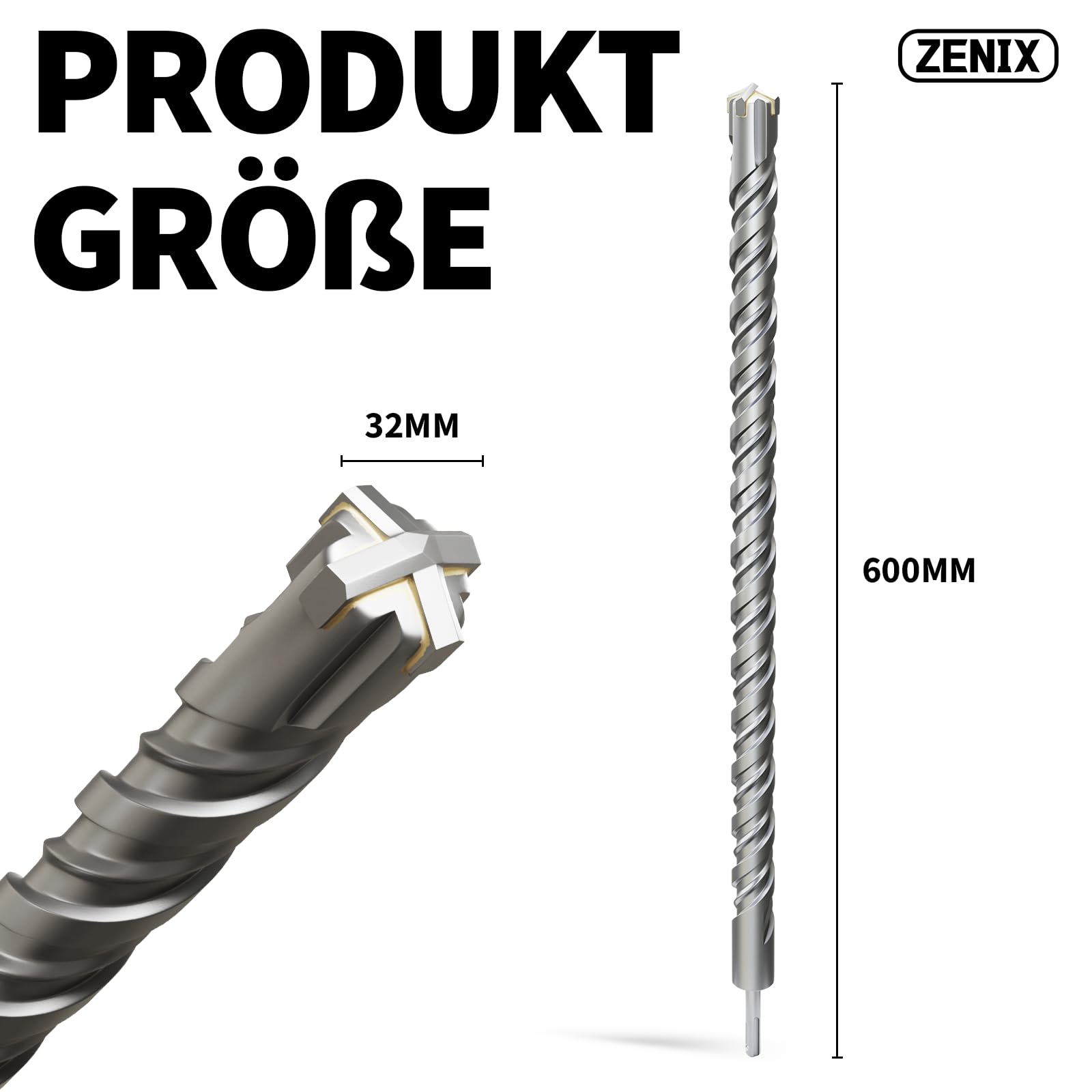 ZENIX Foret SDS Plus 32 x 600 mm – Foret à béton professionnel avec 4 tranchants – Idéal pour la pierre, la pierre naturelle, le mur de brique et le béton armé