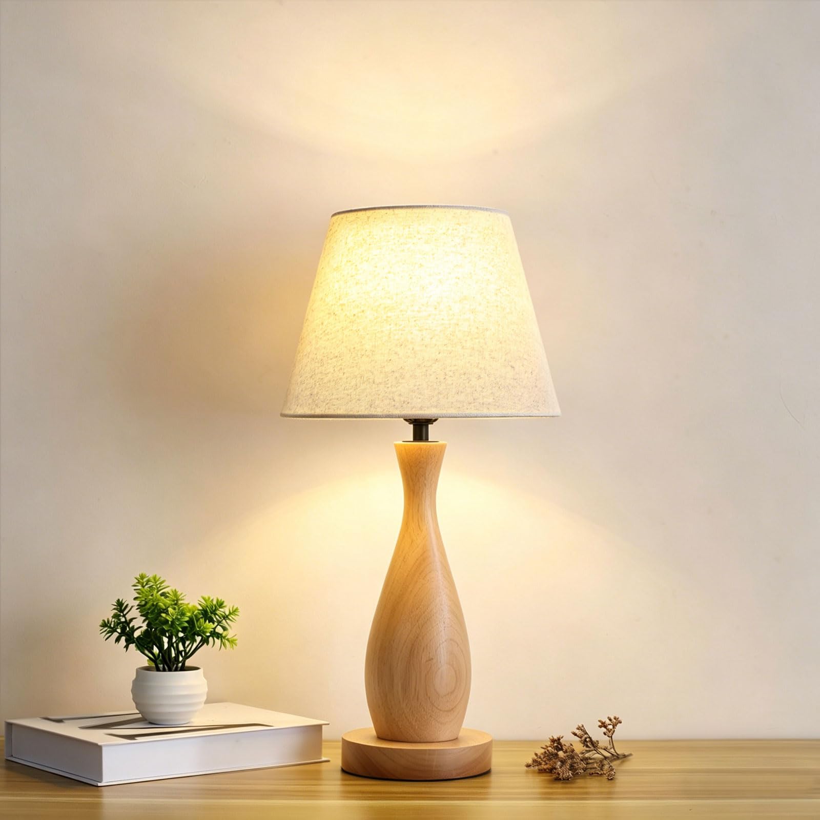 4776313 Tischlampe mit Leinen-Lampenschirm, moderne Nachttischlampe | E27, Holzfuß Tischleuchte für Schlafzimmer, Wohnzimmer, Arbeitszimmer und Flur, Leuchtmittel nicht enthalten