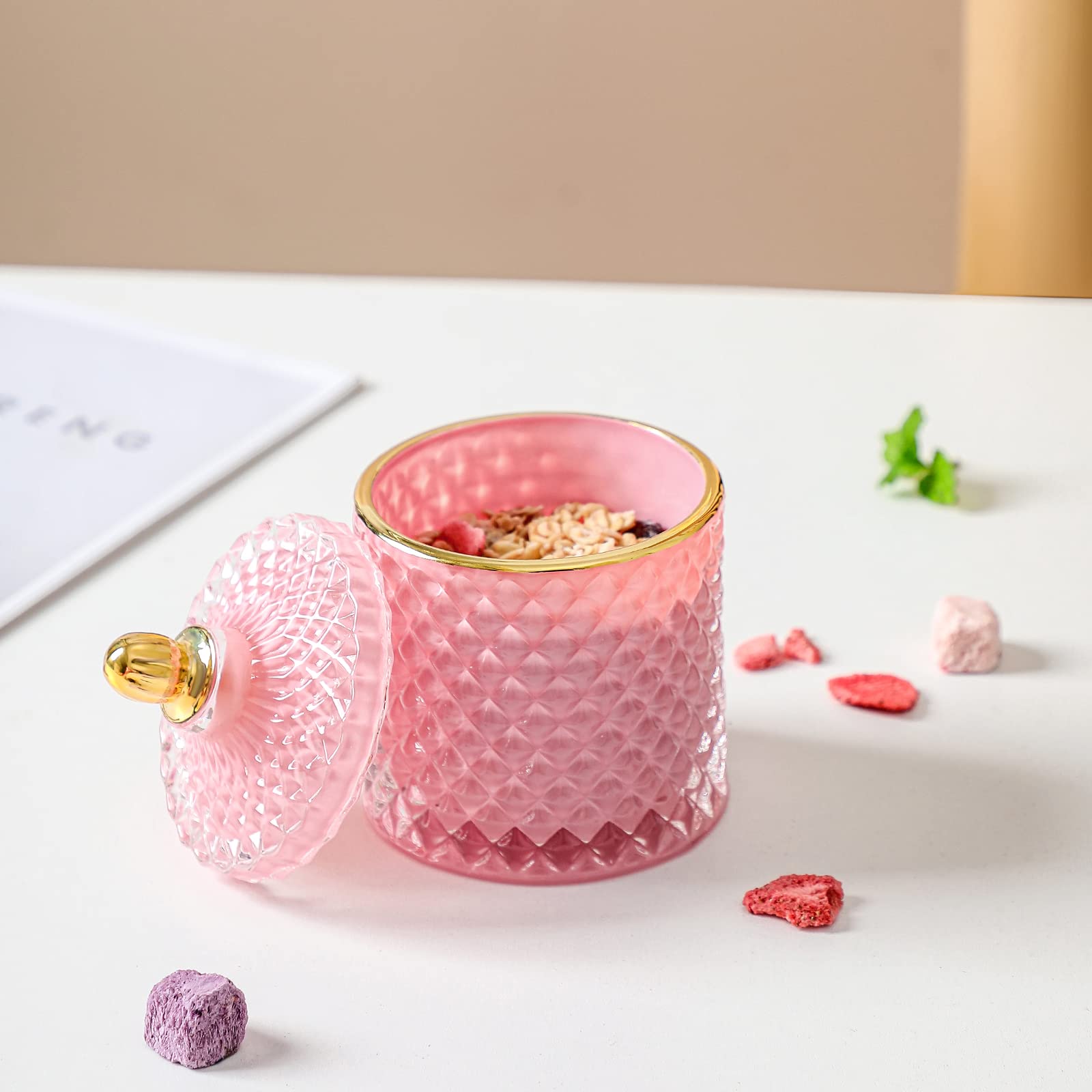 EVEREST GLOBAL 10 oz European Glass Storage Jar Candy Bowl with Cover Sugar Cans Diamond Candy Box Jewelry Storage Jar Kitchen (Pink, D 3.35