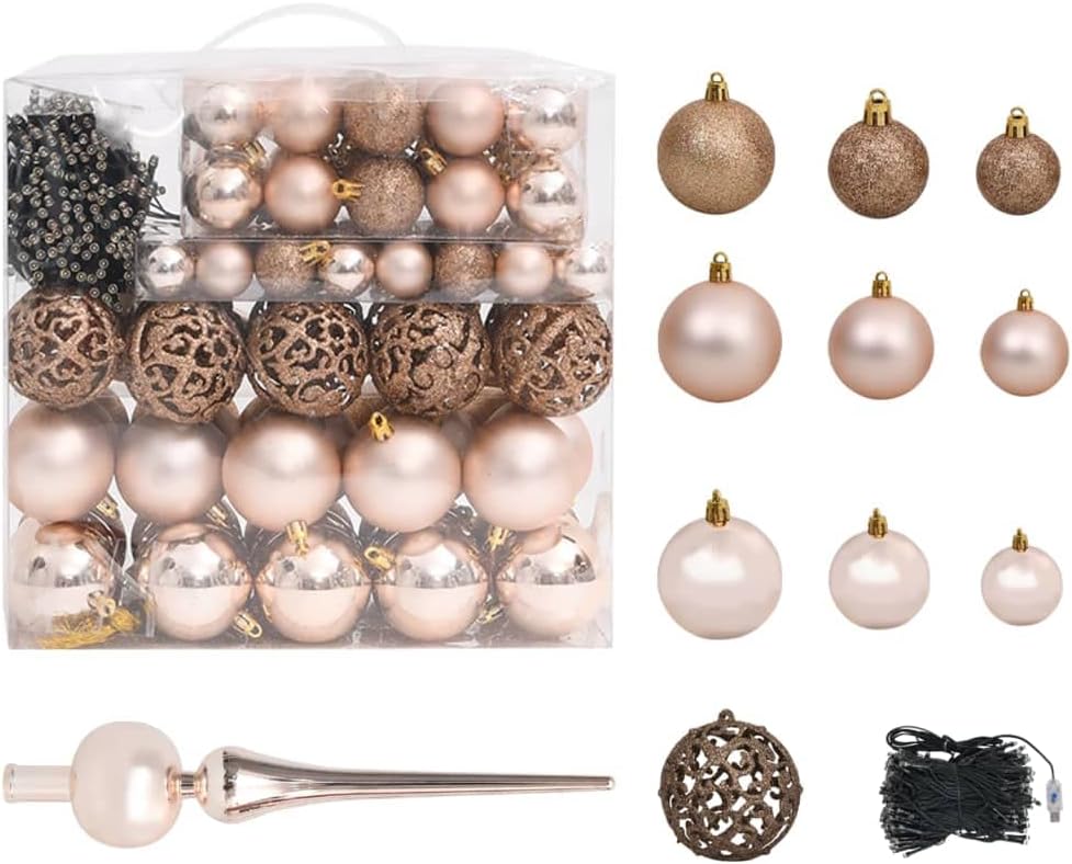 AAGAZA Christmas Ball Set, Rose Gold Shiny Matt Glitter Lightweight Xmas Ball Ornaments DC5V 5W 120 Piece with 300 LEDs String for Office