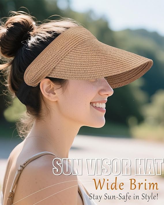 Image of Straw Hat Sun Hats for Women,Wide Brim Cap Beach Hat for Women Stylish UV Protection Cap,Summer Packable Travel Sun Visor Hat - UPF 50+ Khaki