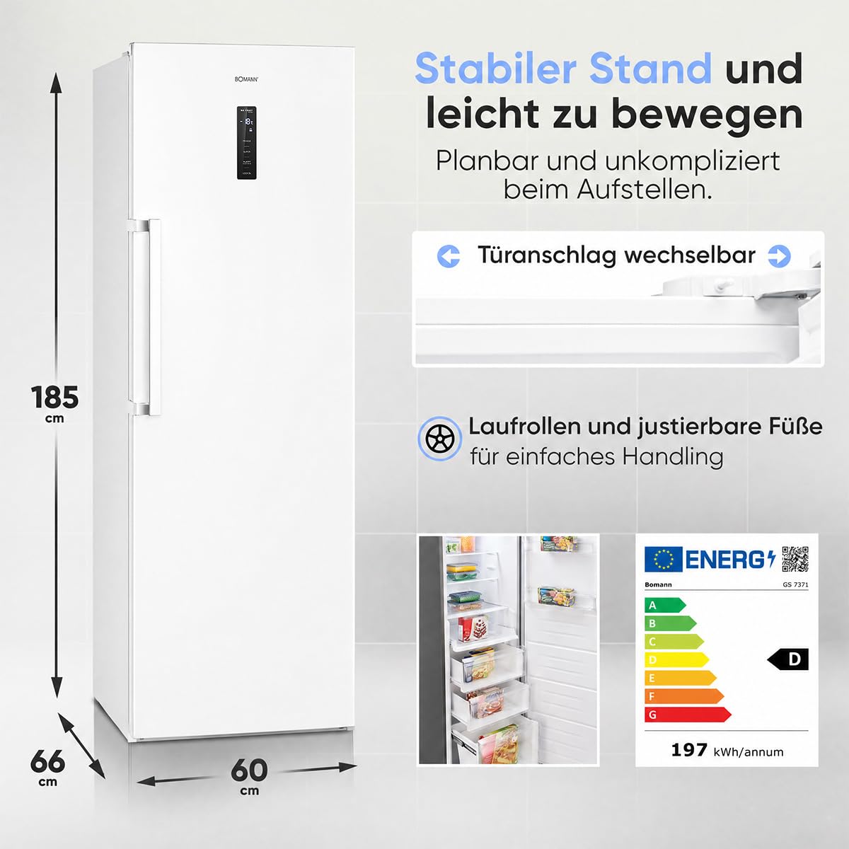 Bomann® Gefrierschrank Nofrost | Energieklasse D | 185cm | MultiAirflow | 5 Jahre Kompressor-Garantie | -14°C bis -22°C | Tiefkühlschrank | 274L | Türanschlag wechselbar | Freezer | GS 7371 weiß