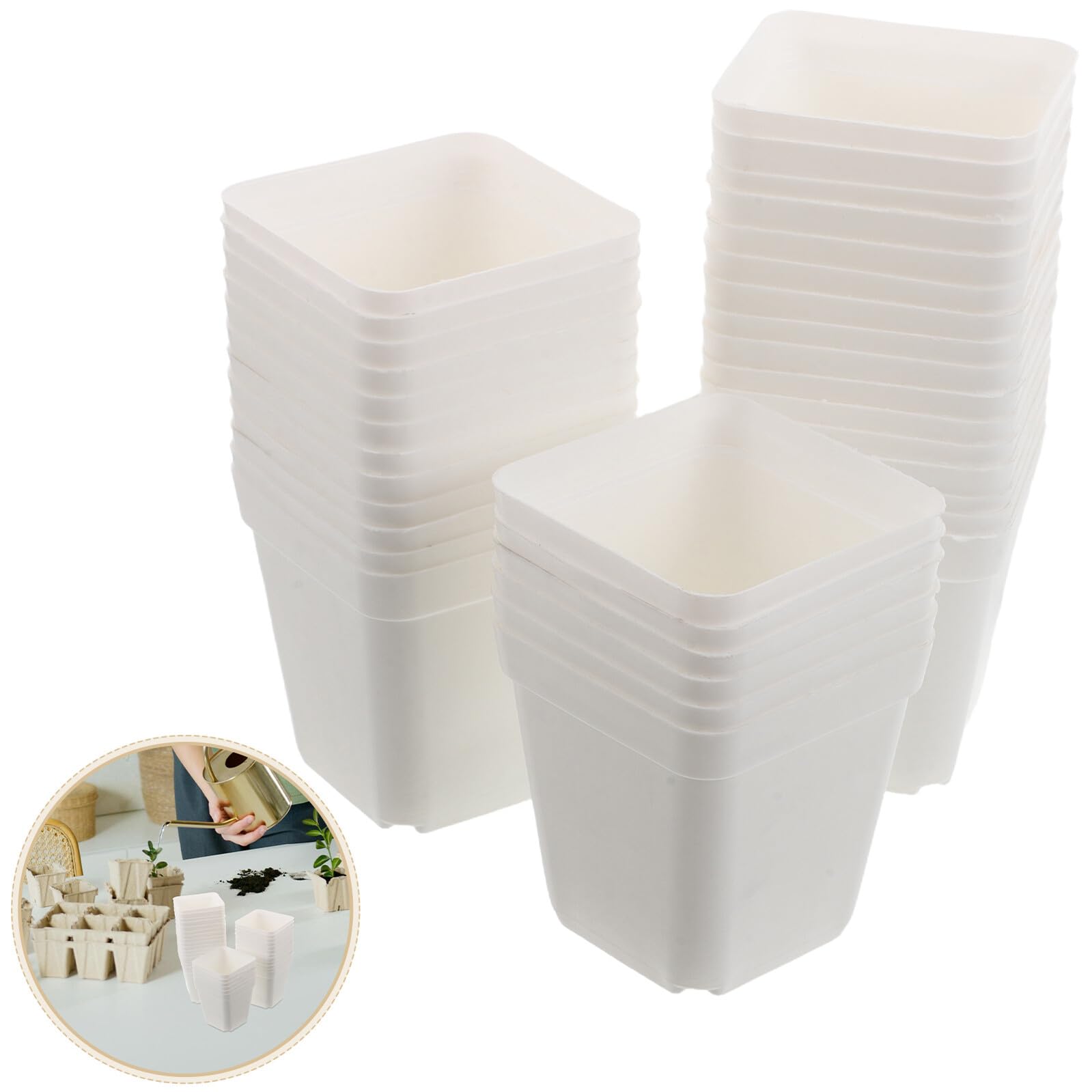 Lot de 100 Pots Carrés en Plastique Blanc avec Drainage Godets de Semis pour Plantes D’Intérieur et Extérieur Pots de Culture Compacts pour Jardinage Rempotage et Réutilisable