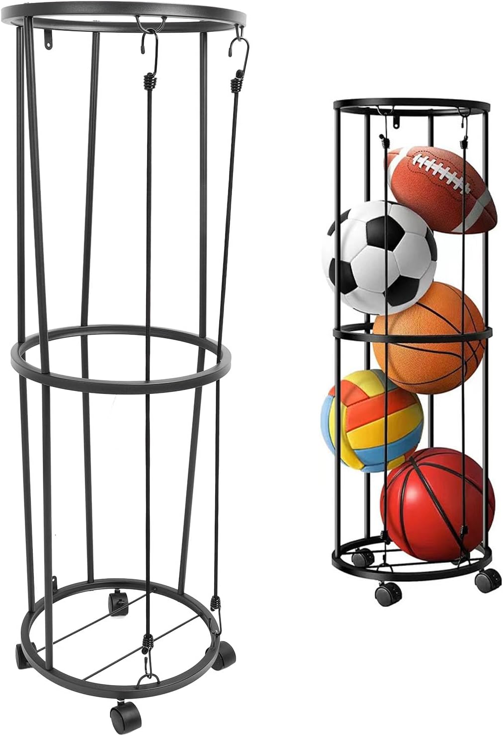 Luqeeg Sports Rack for Garage, Rolling Detachable Iron Wall Mounted Vertical Rack Rolling Metal Lockable Ball Organizer with Wheels for Basketball Soccer Volleyball Football
