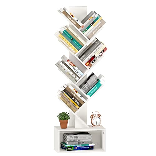 Yoobure Tree Bookshelf, 6 Tier Small Book Shelf Retro Floor Standing Bookcase, Wood Book Storage Organizer Rack, Tall Narrow Bookshelves for Corner/Bedroom/Living Room/Home Office, White - White