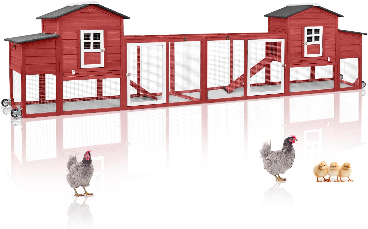 158" L Large Chicken Coop with Run, Chicken Hen House with Nesting Boxes, Wheels, Outdoor Indoor Mobile Rabbit Hutch, Poultry Cage for Chickens Ducks Bunny with Removable Tray, Ramp (Red)