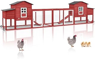158" L Large Chicken Coop with Run, Chicken Hen House with Nesting Boxes, Wheels, Outdoor Indoor Mobile Rabbit Hutch, Poultry Cage for Chickens Ducks Bunny with Removable Tray, Ramp (Red)