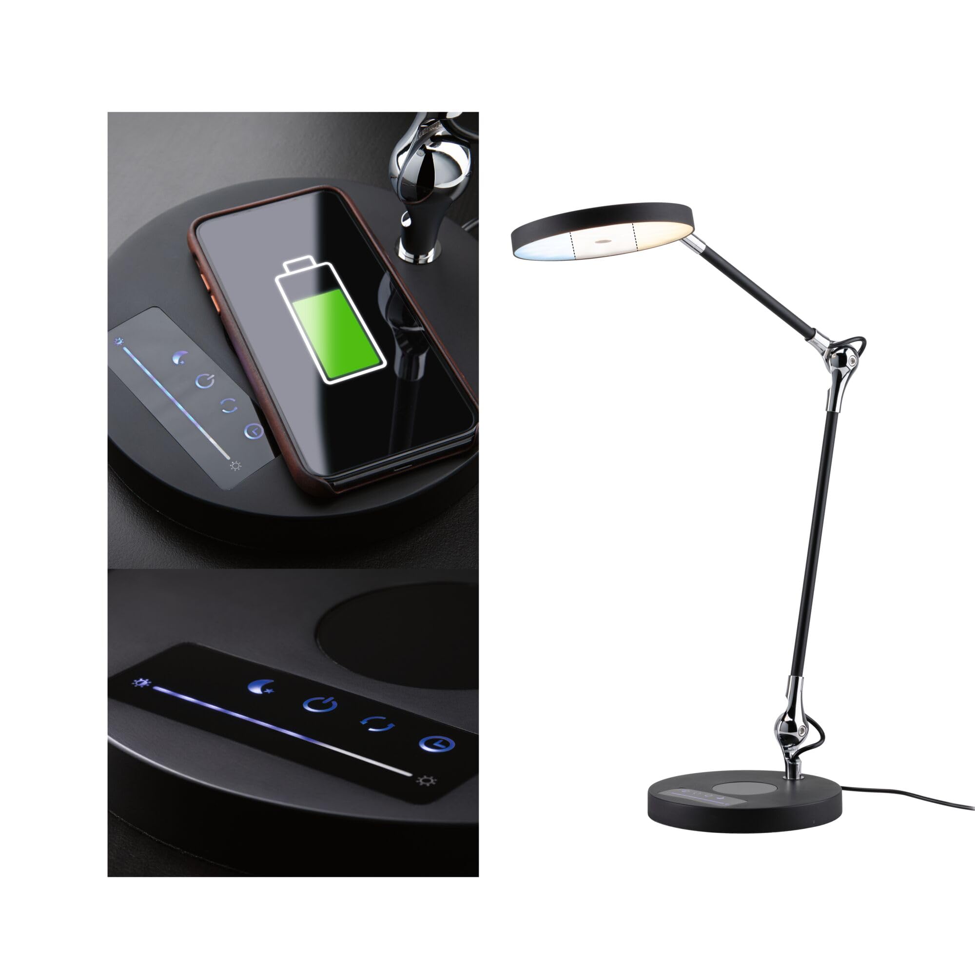 Paulmann 78910 Lampada da scrivania LED Numis TunableWhite Qi funzione di carica incl. 1 lampada per ufficio da 11 Watt dimmerabile nero luce di lavoro, bianco caldo a bianco naturale 2.700-6.500 K